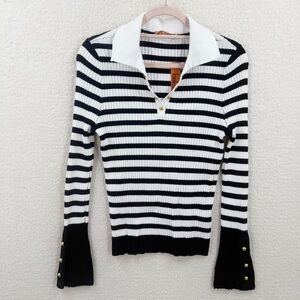 BELLDINI Black white stripe V neck Collared Sweater Top Size L NWT